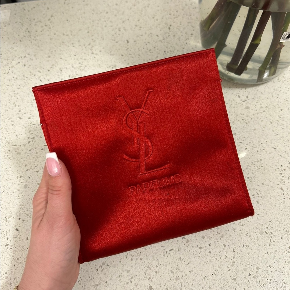 Yves Saint Laurent Red Satin Zip Pouch with Gold Logo Tag